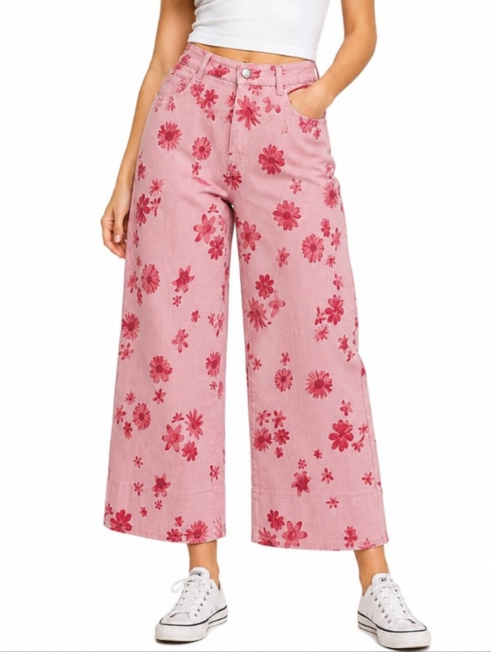 Chartou Pink Floral Wide Leg Jeans NWT Large Runs Small Fits Small To Medium